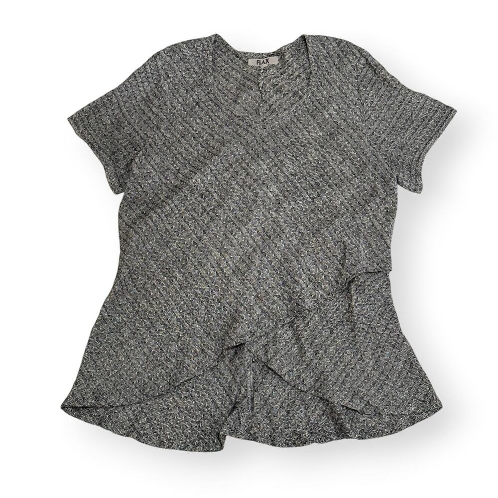 FLAX Textured Linen Tunic Top Womens 1G 1X Asymmetric Hem Black White Lagenlook